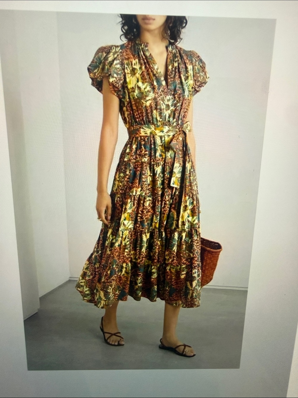 Ulla Johnson Floral Tie-Waist Midi Dress in Green and Brown with pockets